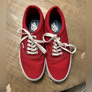 Vans mens 8.5 and 9.5 women’s red with black and white checked soles